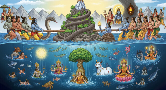 Hindu mythology scene with Mount Mandara gods and various creatures in ocean depicting Samudra Manthan or Churning of the Ocean