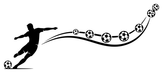 Soccer player silhouette kicking ball with dynamic motion trajectory trail on white background © Aisha Kudorova