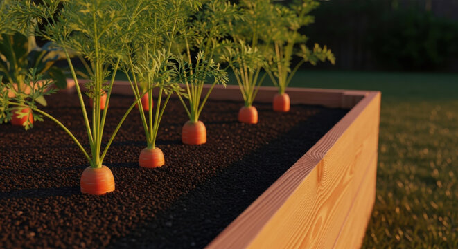 Fresh Carrots Growing In A Wooden Raised Garden Bed