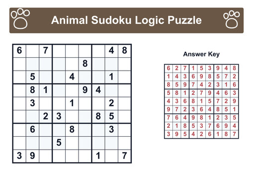 Animal Sudoku logic puzzle with answer key and grid layout  