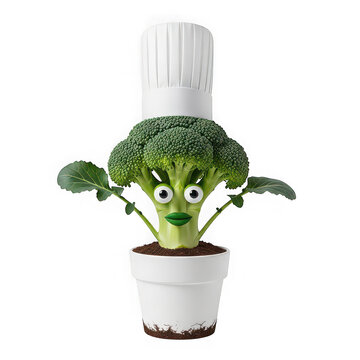 Funny broccoli chef character in a pot isolated on transparent background