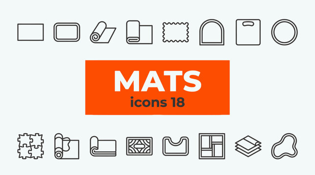 Minimalist vector illustration of eighteen mat icons showing diverse shapes, textures, and layouts for flooring, yoga, and home design.