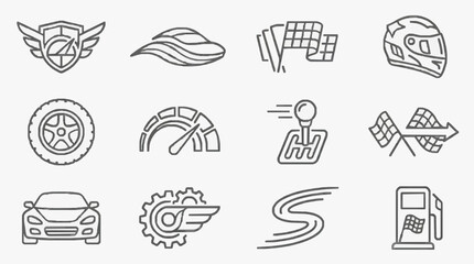 Minimalist Black and White Line Icons Set Featuring Various Vehicles Racing and Fuel Elements with high quality professional line art symbols for modern creative design and digital branding projects © Yori