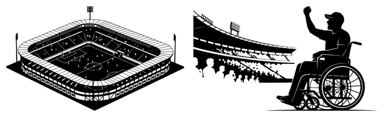 Inclusive sports stadium with isometric arena and disabled fan in wheelchair cheering in silhouette style © Aisha Kudorova