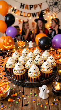 Cute Halloween ghost cupcakes with white icing for party background
