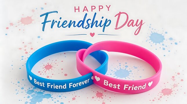 Happy friendship day message with blue and pink silicone rubber wristbands