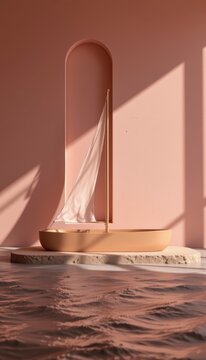 Minimalist shadow boat blocks linked by sharp khaki float crossing shapes appear in a clean premium dusty rose presentation