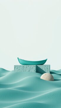 Structured shadow boat compositions made of clean graphic soft sand float blocks are highlighted in a clean minimalist modern teal green illustration setup