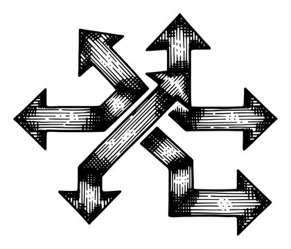 Multiple directional arrows crossroads and decision concept in vintage engraving style