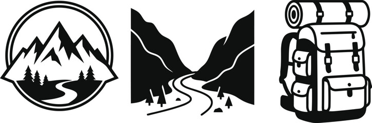 Obraz premium Black and White Hiking Adventure Icons Set with Mountain, Trail and Backpack