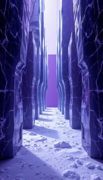Architectural float glass shapes generating endless ice depth are framed in a clean minimalist monochrome dark violet silhouette view