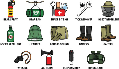 Camping and hiking safety gear collection with insect protection, bear spray, headnet, gaiters and tick remover © SAIF820