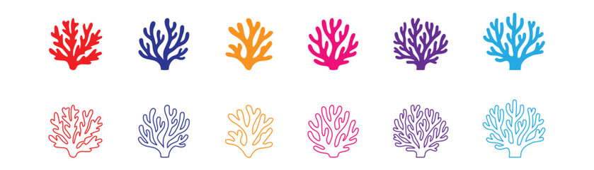 Colorful Coral Reef Silhouette Icon Set Collection, Marine Coral Branch Shapes, Underwater Ocean Life Illustration, Sea Coral Clipart, Flat Outline Design Vector © TAHERA