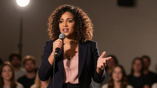 A confident professional woman with curly hair delivers a speech into a microphone, gesturing to an out-of-focus audience in the background.