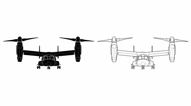V-22 Osprey tiltrotor aircraft silhouette and outline icon set