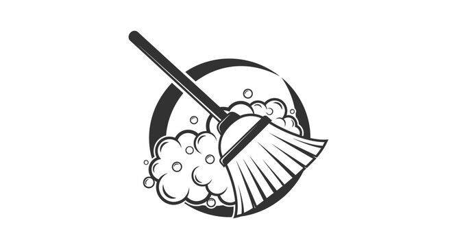 Monochrome broom and soap bubbles cleaning service logo illustration