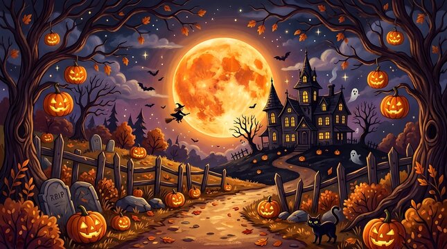 Halloween scene with a spooky haunted house, glowing jackolanterns, a full moon, and a witch flying on a broomstick in a misty autumn forest