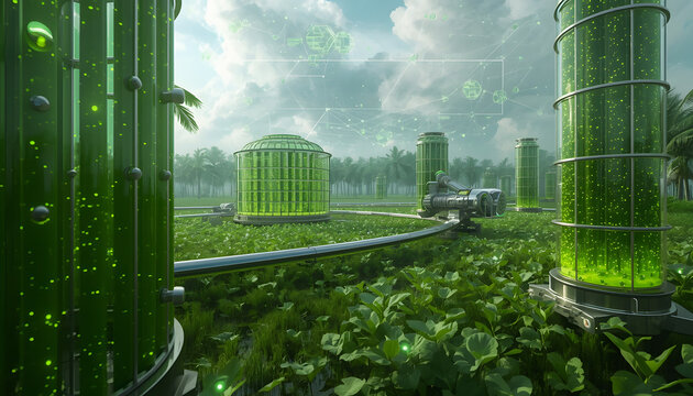 Vertical Farm with Green Plants Growing in Cylindrical Columns