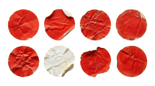 Set of round red textured paper stickers isolated on transparent background