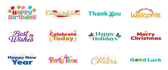 Festive celebration typography collection featuring holiday greetings and party phrases on white surface © Sabbir