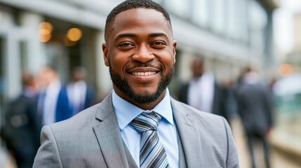 Fototapeta premium Confident African American businessman smiling in professional attire outside modern office building