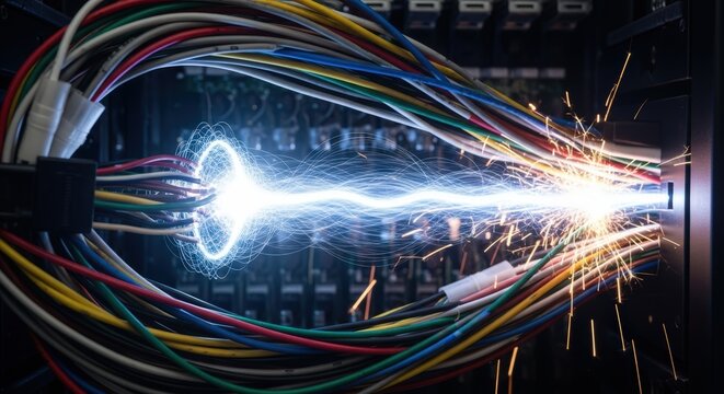 Electrical wires with sparks and bright flash representing high voltage power transmission and energy technology.