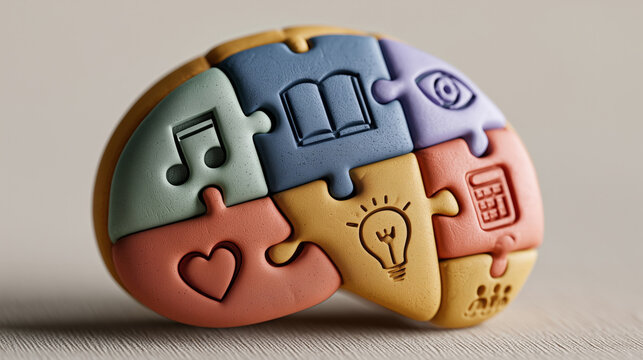 Colorful brain-shaped puzzle with icons representing different cognitive functions and learning styles including music, reading, creativity and emotions