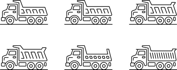 Dump Truck Line Icon Set Featuring Six Different Heavy Construction Tipper Vehicle Designs for Logistics Industrial and Cargo Delivery Graphics © SARIFA