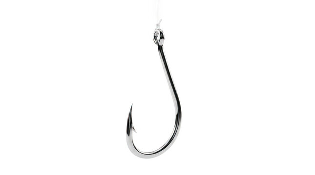 Metallic silver fishing hook tied to line, sharp chrome fishhook graphic element, durable steel fish hook tackle PNG isolated on Transparent Background