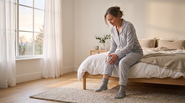 Mature woman sitting on bed feeling pain in her knee in the morning