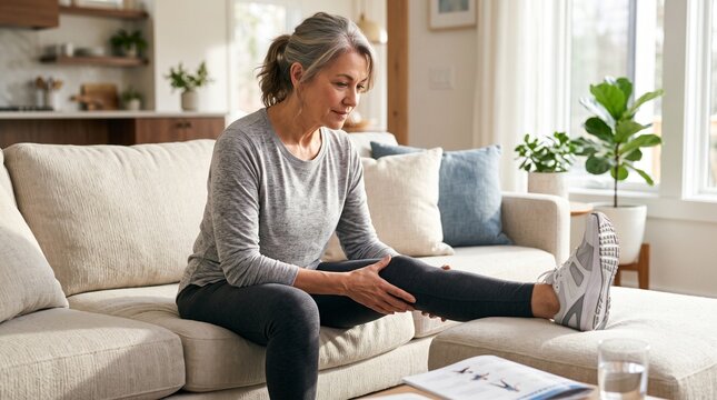 Mature woman stretching leg on sofa in living room for fitness recovery