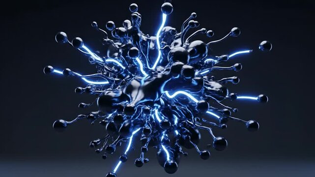 Abstract pulsating dark spheres with glowing blue energy core, complex futuristic structure, digital art, science and technology