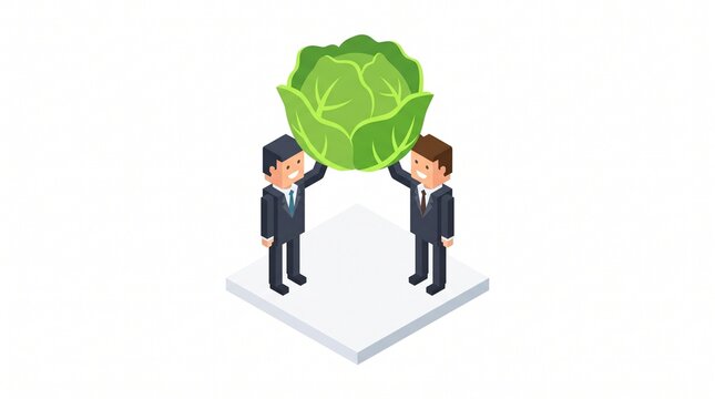 Isometric illustration of bankers in formal suits holding a giant green cabbage