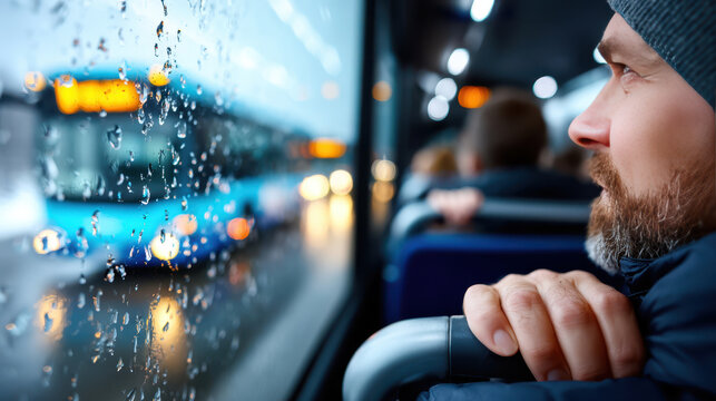 Man looking out a rainy airport shuttle bus window in winter with seated passengers for travel and transit editorial or background use