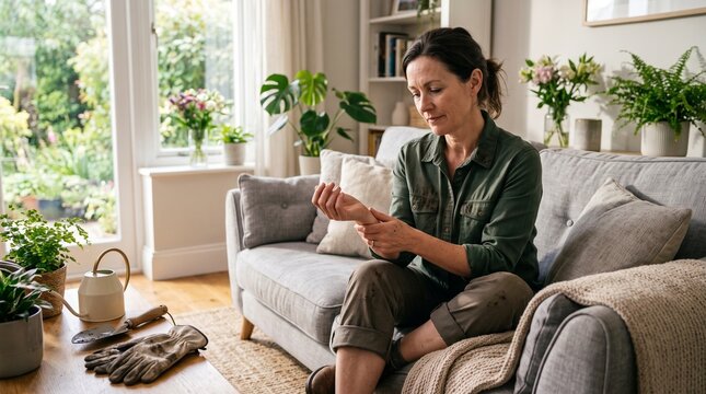 Middle-aged woman suffering from wrist pain while resting at home