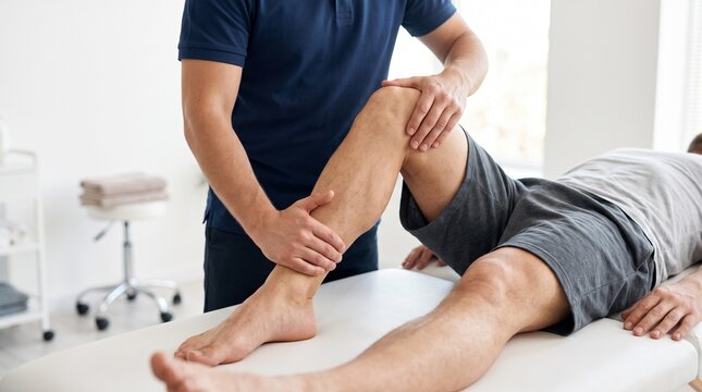 Physical therapist examining knee and leg of patient in clinic room