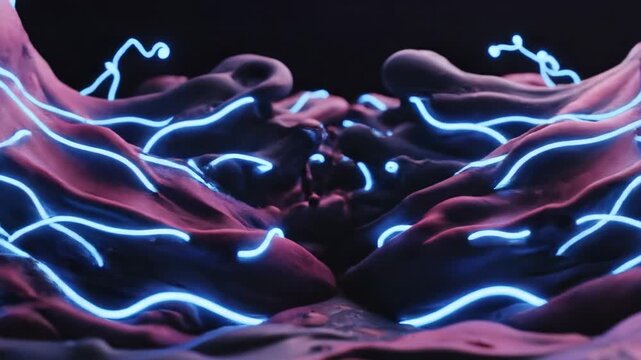 Abstract organic shapes with glowing blue lines, dark textured background, futuristic sci-fi macro photography, alien organic form