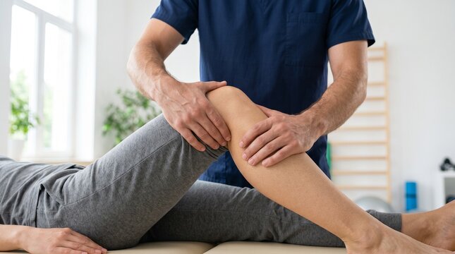 Physical therapist performing knee examination and massage on patient