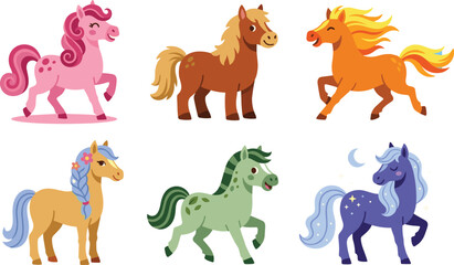 Cute pony vector character collection featuring colorful little horses magical unicorns with wavy manes for kids nursery decoration © Moner