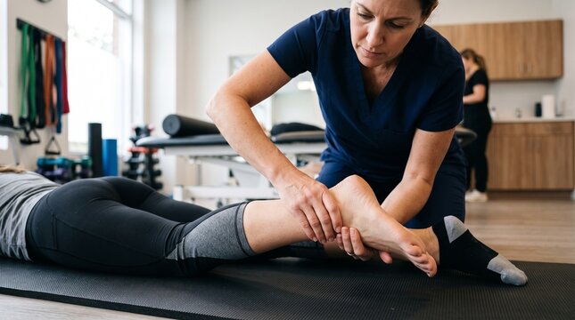 Physical therapist performing manual ankle therapy on patient in clinic