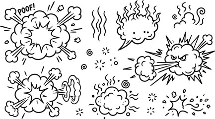 Explosion comic bubble smoke puff icon set vector illustration line art doodle with boom blast cloud dust dynamic © vector design 