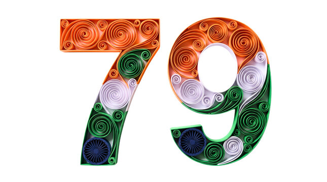 3D illustration of number 79 in paper quilling art style with Indian flag tricolor, celebrating 79th Independence Day, isolated on transparent background.