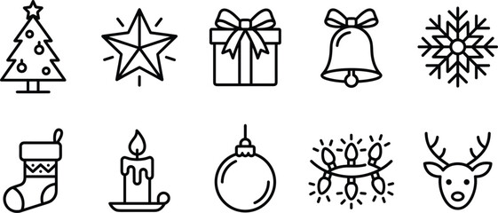 Christmas line icon set with winter holiday linear elements tree star gift snowflake bell stocking candle ornament and reindeer © Moner