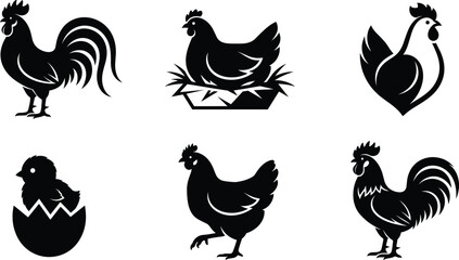 Rooster Hen Chick In Eggshell Nest Silhouette Vector Farm Poultry Logo Icon Set © MstBabli