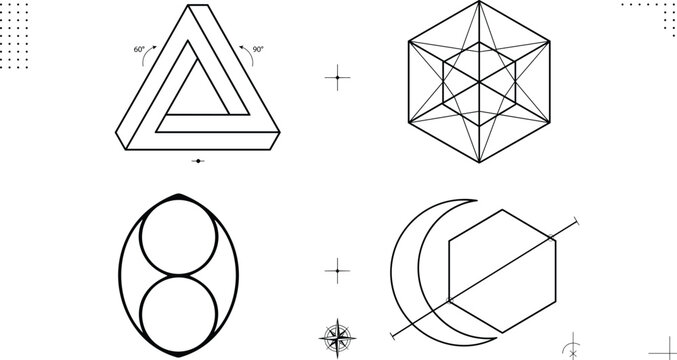 Sacred Geometry Esoteric Symbols Impossible Penrose Triangle and Alchemy Moon Line Art Set
