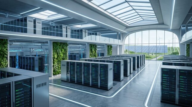 Futuristic green data center server room with rows of racks, vertical gardens, large windows showing solar panels and wind turbines outside, sustainable IT infrastructure and cl...