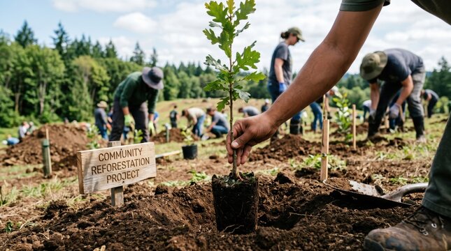 Volunteers planting young oak tree sapling in soil during community reforestation project, environmental conservation and ecology restoration activity with people working togeth...