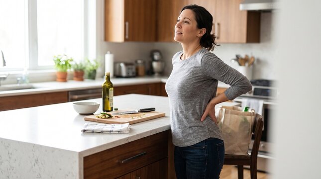 Woman suffering from lower back pain while standing in her kitchen