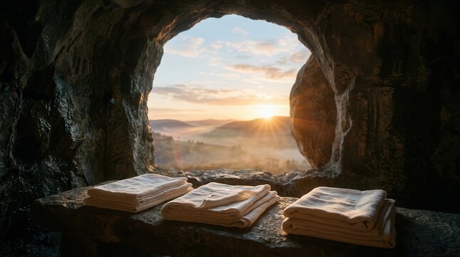 Empty tomb with bright light signifying Christ is Risen for Easter resurrection.