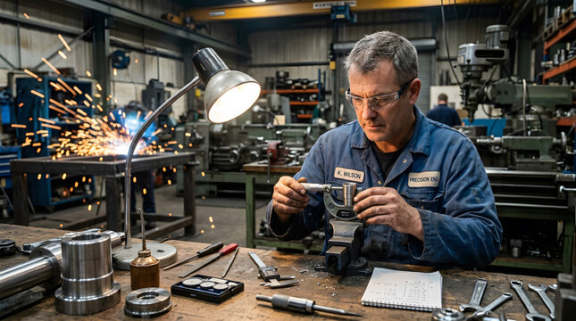 Skilled Machinist Measuring Precision Metal Part in Engineering Workshop